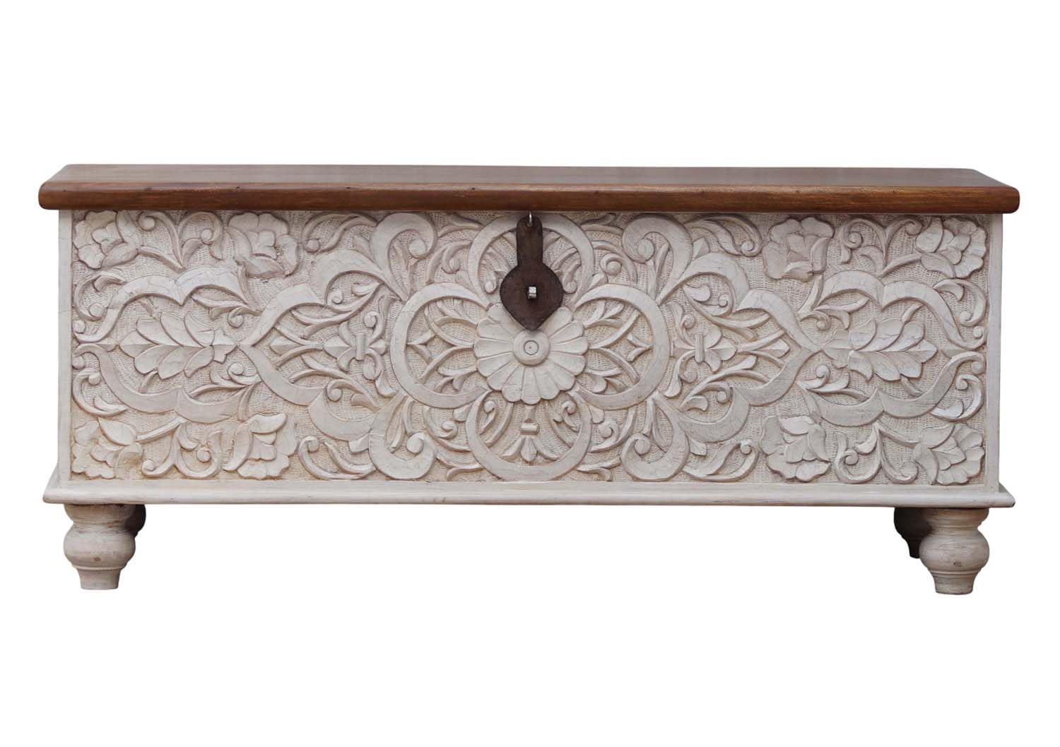 Wooden Carved Storage Trunk, Wooden Carved Trunk, Coffee Table for Livingroom, Center Table with Storage, Blanket Box for Bedroom, Decorative Box, Storage Chest, White Distressed Finish.-image-4