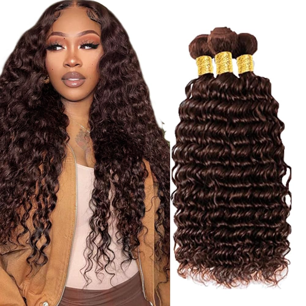 Brown Bundles Dark Brown Human Hair Bundle #4 Deep Wave Bundles 20 22 24 inch #4 Deep Wave Bundle Human Hair Extensions
