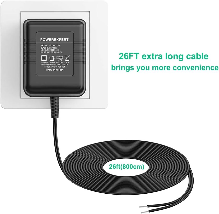 Ingers 18V 500mA Video Doorbell Power Supply Adapter Compatible with Zmodo Doorbell / Nest Hello Doorbell Transformer(26FT Charging Cable) - - 