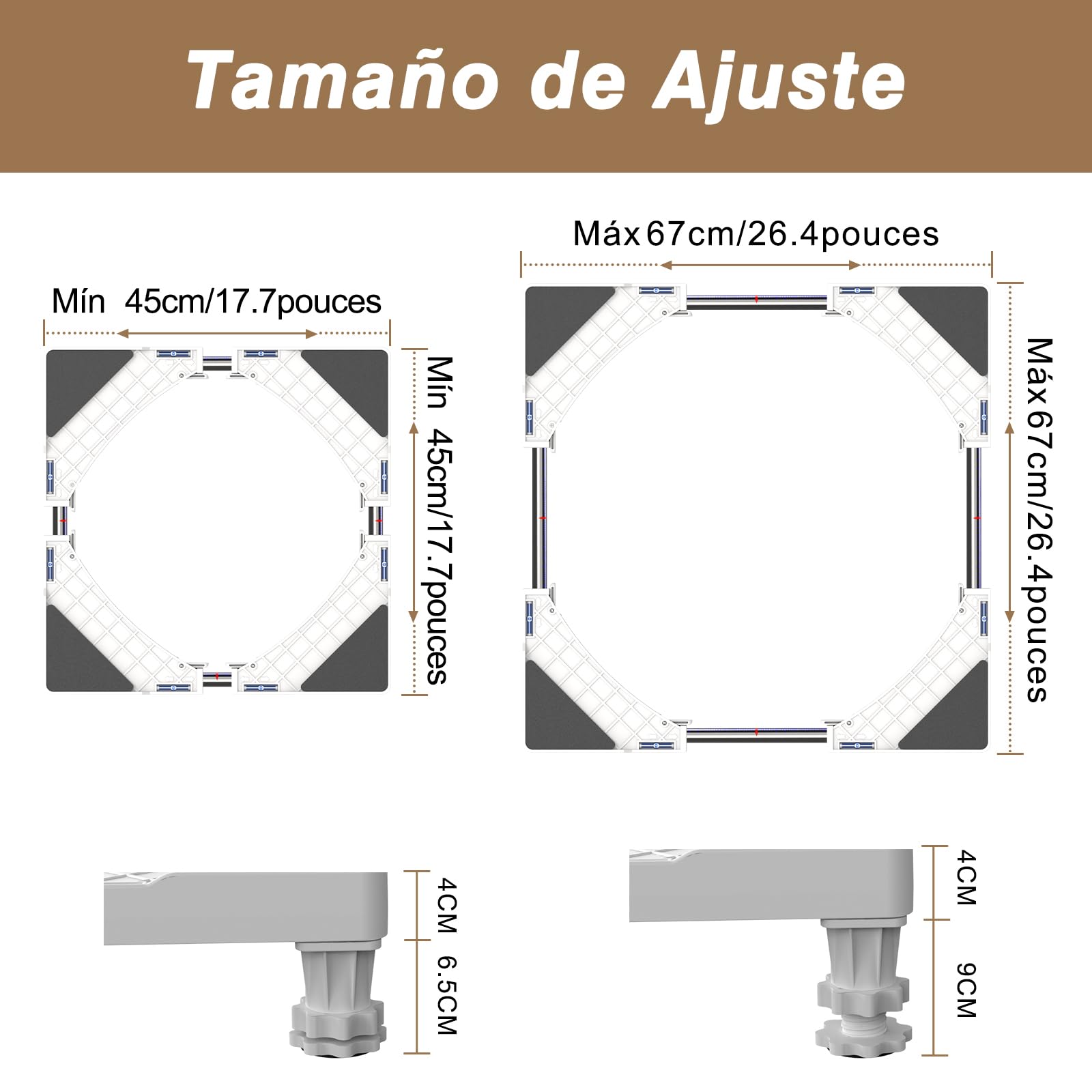 DEWEL Base Lavadora, Carga 300kg Soporte Lavadora, Frigorífico y Secadora, Ajustable Ancho 45-65cm, Base Elevador Lavadora Antivibración, Altura 10.5-13cm