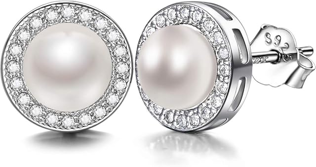 Lydreewam Pearl Earrings 6mm Freshwater Pearl Studs 925 Sterling Silver with 3A Cubic Zirconia