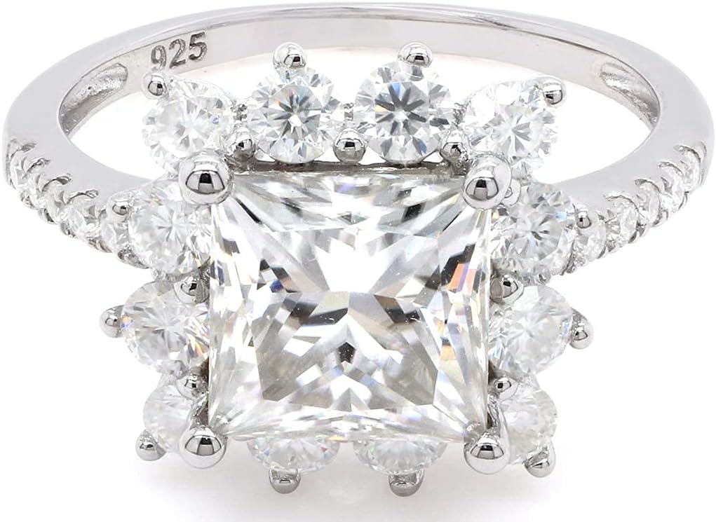 SAVEARTH DIAMONDS Square Princess Cut 7MM Center, Round Cut Sparkling White Cubic Zirconia Square Halo Solitaire Engagement Ring In 14k Gold Over Sterling Silver Jewelry For Women