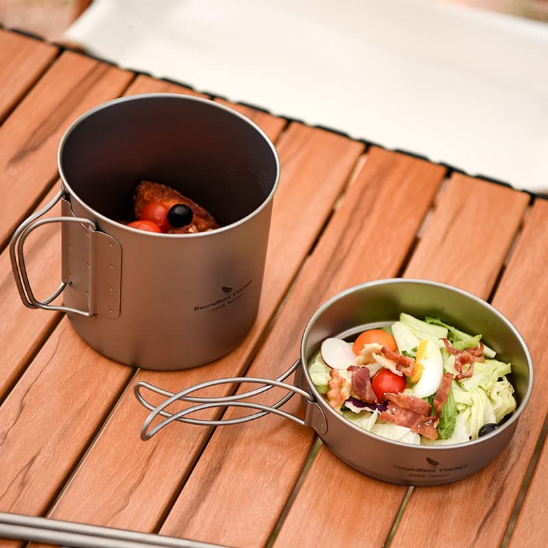 IBasingo Ti2053C Batterie De Cuisine Titane Ultralégère 1100ml + 300ml - Poignées Pliantes Randonnée