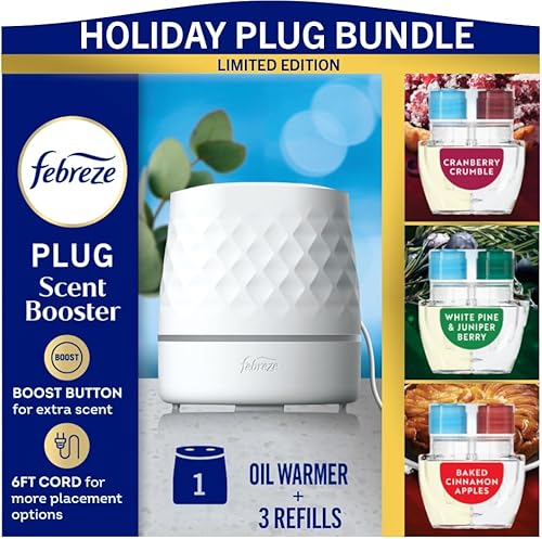 Febreze Plug Scent Booster - Difusor de aceite continuo + ambientador compatible con enchufe, repuestos de aceite perfumado que combate el olor,