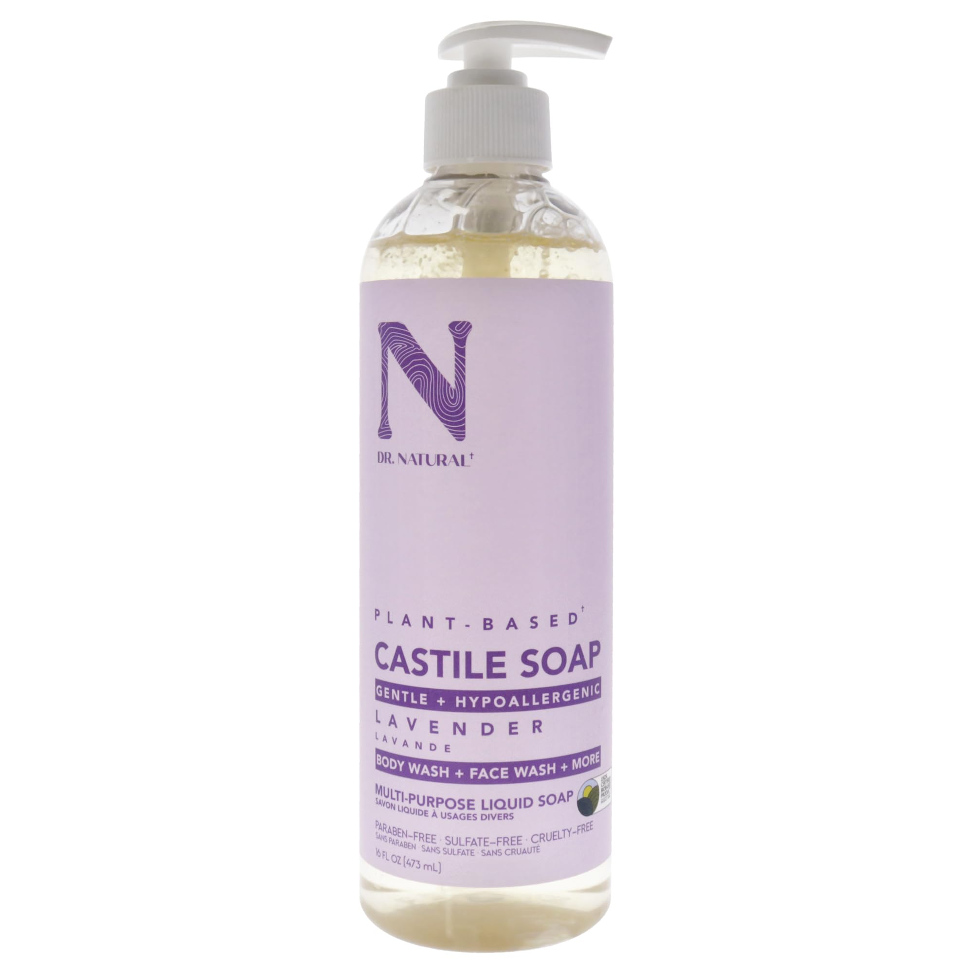 Dr. Natural Castile Liquid Soap - Gel multi-usage corps, cheveux, visage - Hydratant peau, cheveux, animaux - Lavande - 473 ml