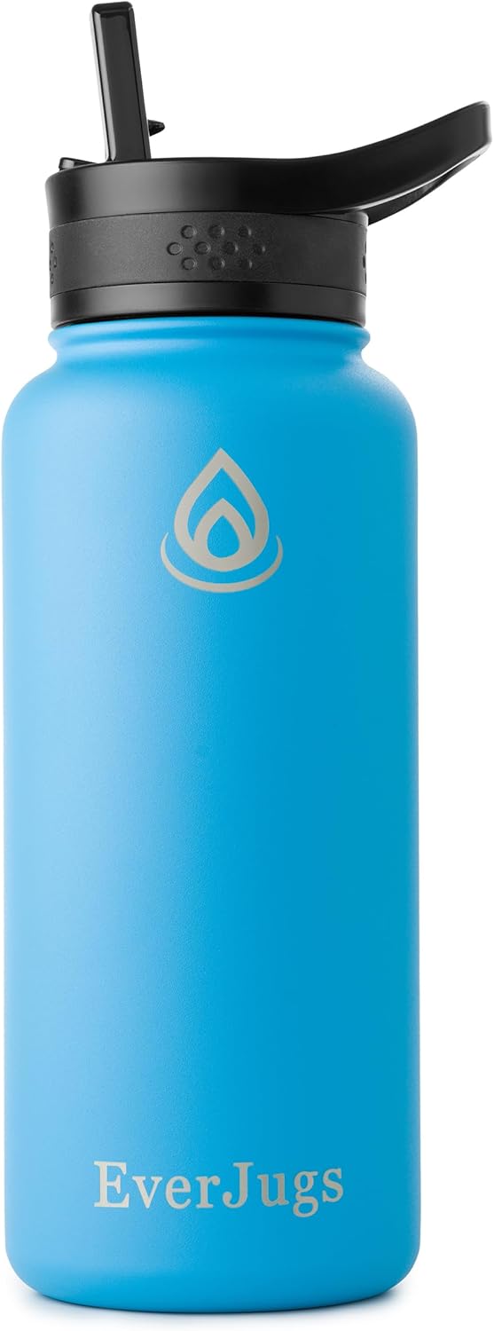 EverJugs Water Bottle - 32 Oz, Wide Mouth, Premium Stainless Steel Bottle with Straw Lid, Double Walled Vacuum Insulated, Thermo Mug, Metal Flask, Leak Proof, Eco-Friendly