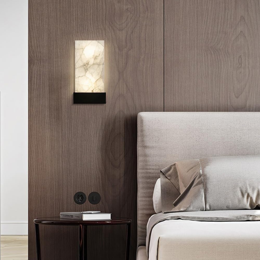 Applique da Parete per Interni in Marmo Naturale Lampada da Parete in Pietra Dorata E Nera Lampade da Comodino Moderne in Alabastro Bianco Lampada da Parete per Bagno Camera da Letto Soggiorno Corri