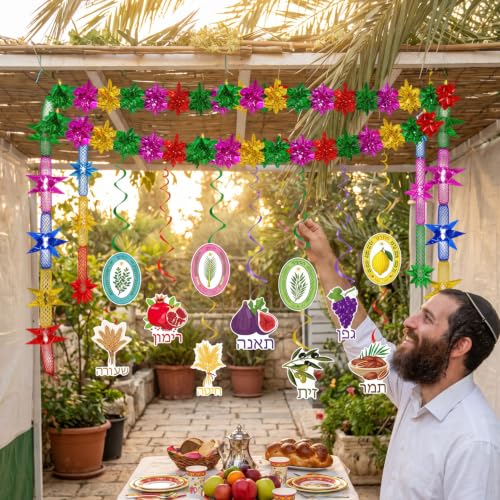 Image of Gameza Happy Sukkah Party Decorations - 23PCS Glitter Happy Sukkot Garland Hanging Swirls Fruit Strings Ornaments Party Decor, Chag Sameach Harvest Jewish Holiday Festival Supplies