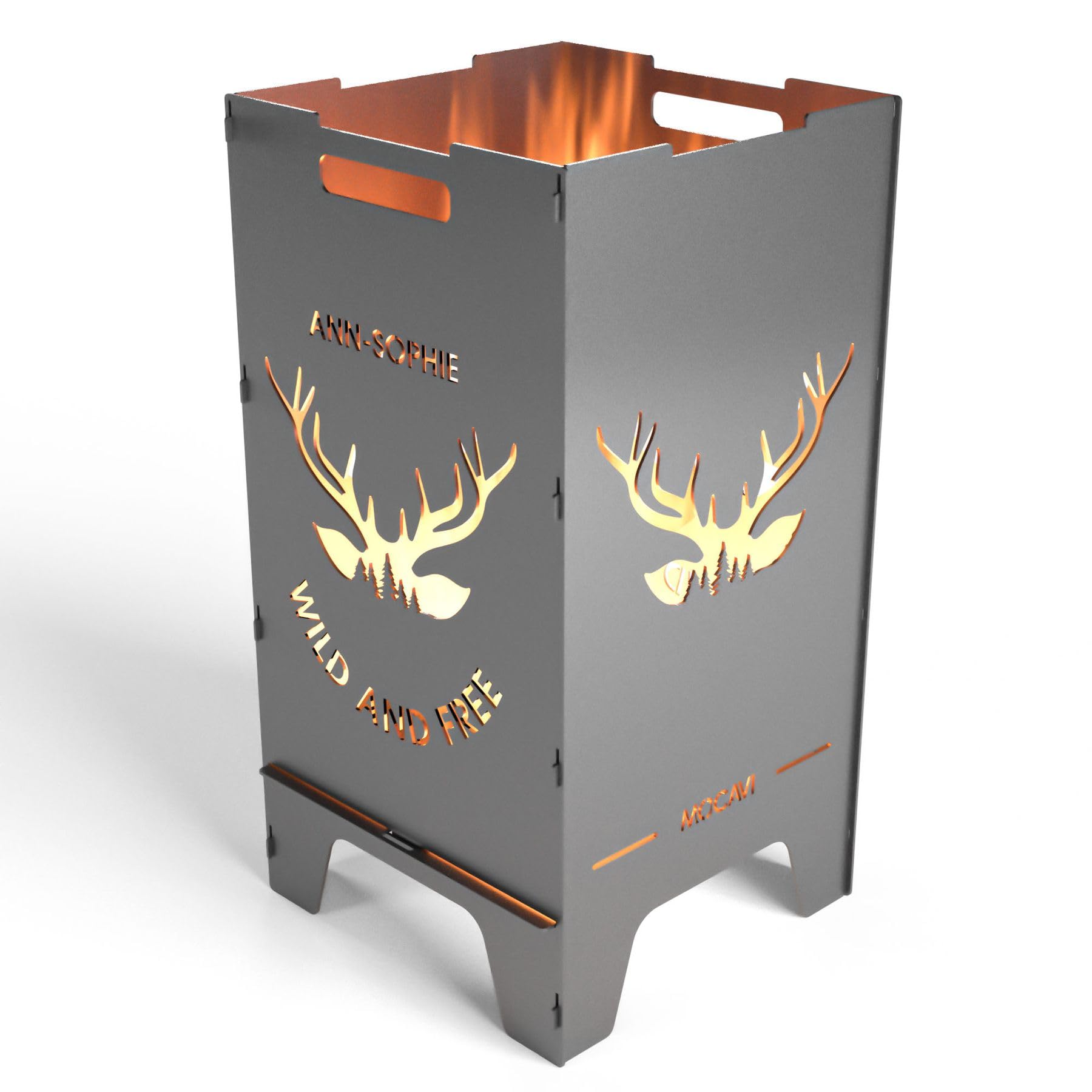 MOCAVI Feuertonne Wild 73 cm | 3 mm Stahl personalisiert Feuerkorb Feuerschale sicher massiv robust Design-Feuerfass für Garten und Terrasse groß eckig Feuerstelle Outdoor hitzefest außen
