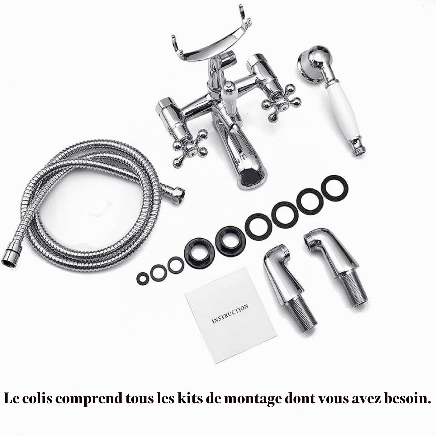 Wasserrhythm Robinet mitigeur de baignoire avec fixation de douche victorien traditionnel téléphone salle de bain robinet de remplissage de baignoire pont monté en croix double poignée douche à