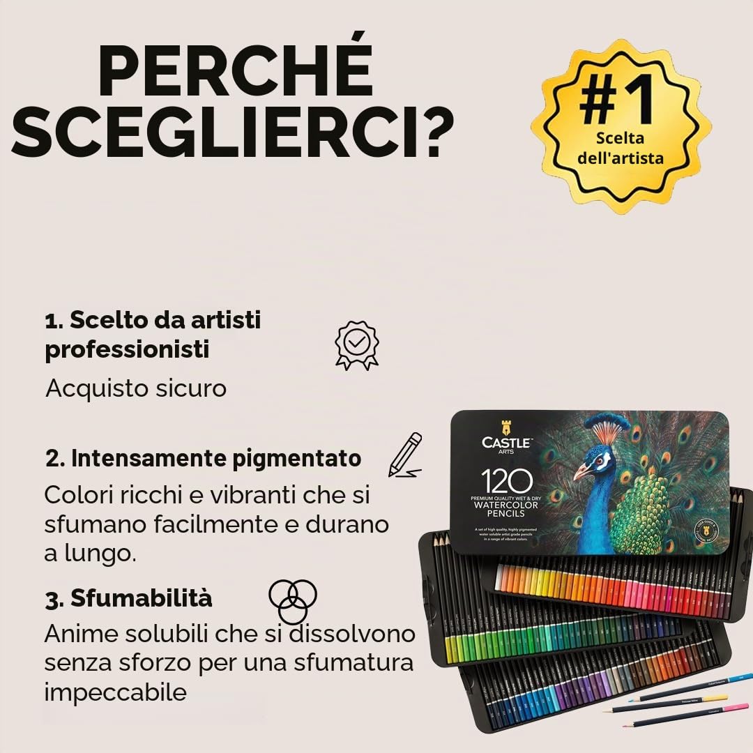 Castle Art Supplies Set di 120 Matite Acquerellabili, Pigmenti Vibranti, Cofanetto di Metallo