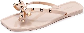 Studded Sandals for Womens Bow Flip Flops Jelly Shoes Beige Jellies Flat Size 9, Summer Beach Thong Slides with Rivets Dress Slippers Square Toe Slip On