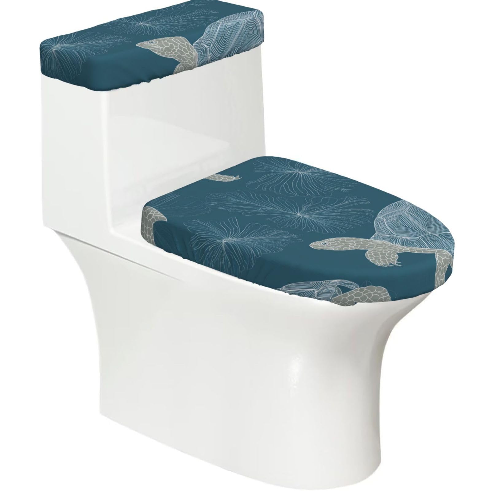 Blue sea Turtle 2-Piece Toilet Seat Cover Set with Tank Lid, Elastic Fit for U-Shape & Elongated Toilets, Bathroom Decor, Housewarming Gift