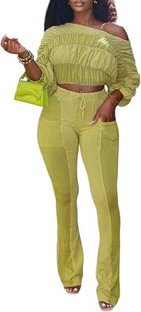 NRTHYE Women Washed Ruched 2 Piece Outfits Off The Shoulder Ruffle Long Sleeve Top High Waisted Casual Flare Pants Sets