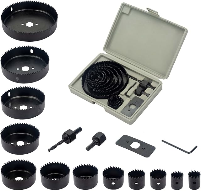 16PCS Hole Saw Kit, 19-127mm Carbon Steel Downlights Drill Bit Tools Cutter Set for Soft Wood, Plywood, PVC Board