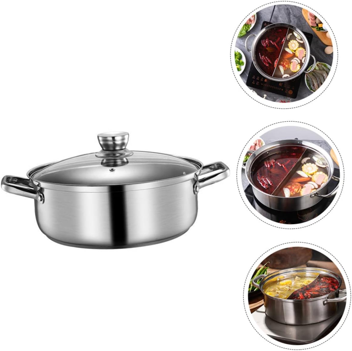 GLEAVI Stainless Steel Pot Double Burner Hot Pot Induction Heater Removable Handle Flavor Bowl Lid