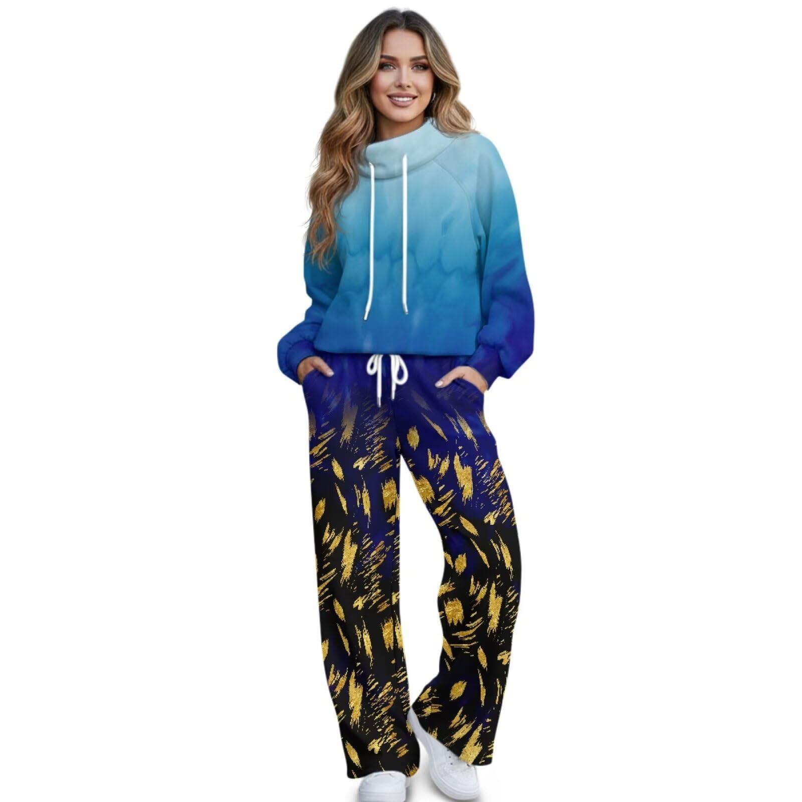 Xoenoiee Conjunto de 2 piezas con estampado de teñido anudado azul para mujer, conjunto de chándal de moda para otoño, sudadera de manga larga y pantalones deportivos de pierna ancha a juego, talla XS