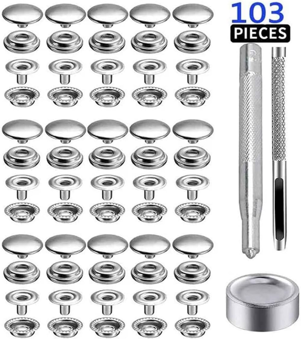 Snap Button Kit 100pcs Stainless Steel Canvas Snap Fastener Kit with Tools, Used for Boat Cover, Sewing Leather