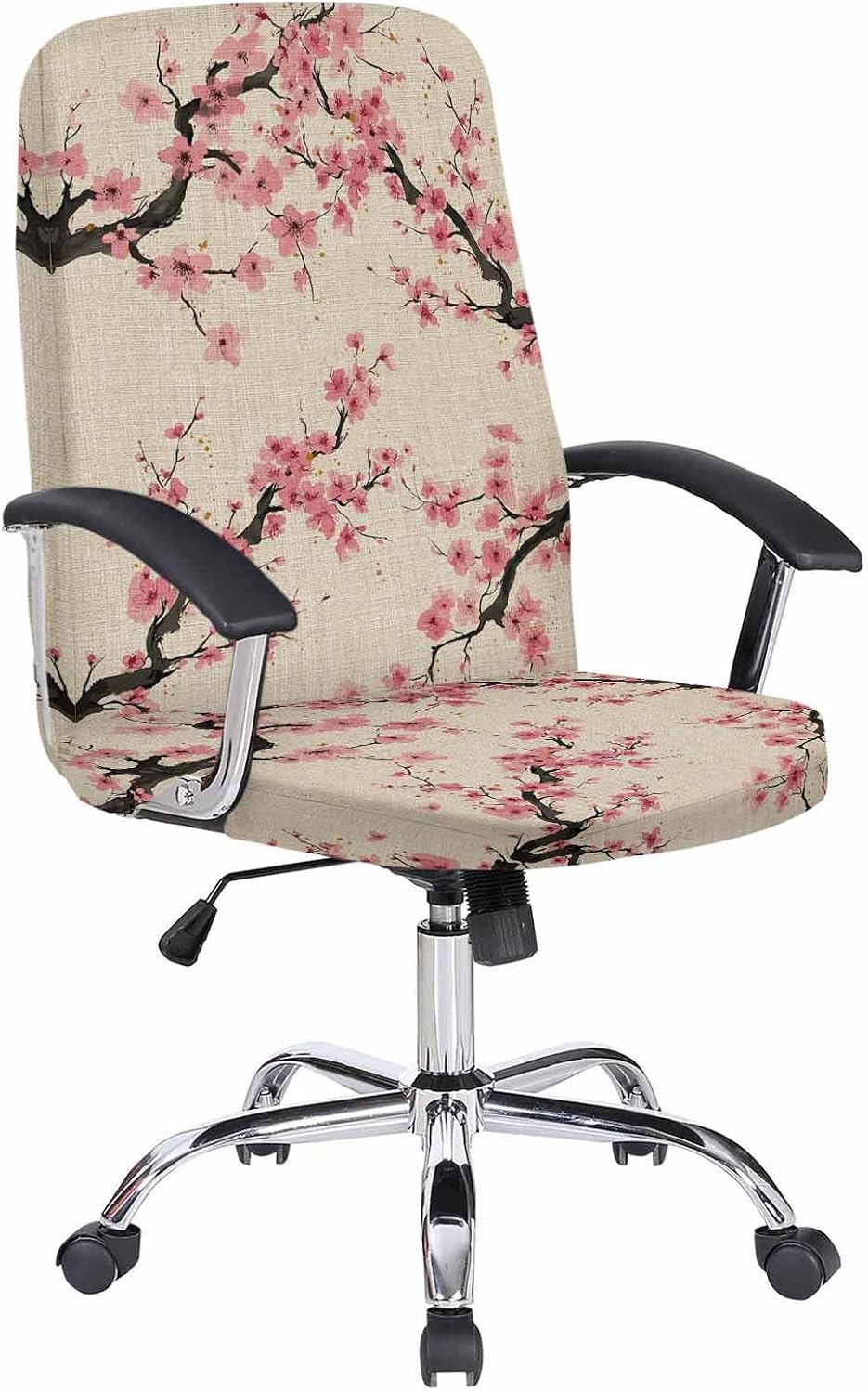 Pink Flowers Office Chair Covers with Armrest Covers, Rotating Chair Cover, Pink Blossoms Botanical Floral Branches Armchair Slipcovers Decorative Backrest Seat Protectors, Large