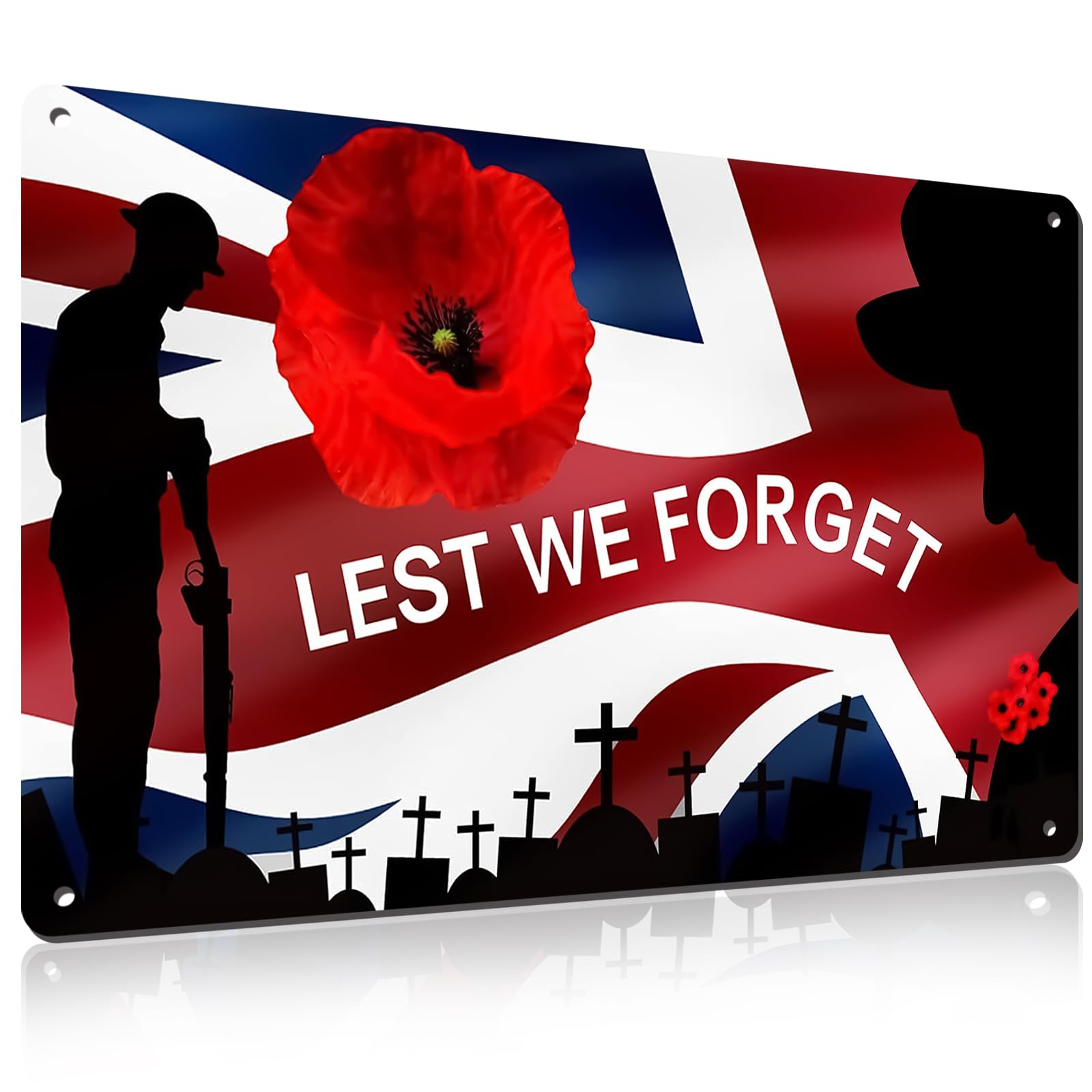 Lest We Forget Metal Plaque 20x30cm Remembrance Day Tin Sign with Poppy & Soldier Silhouette, Fade-Resistant Memorial Art for Indoor and Outdoor Display WW1 WW2 Tribute Gift