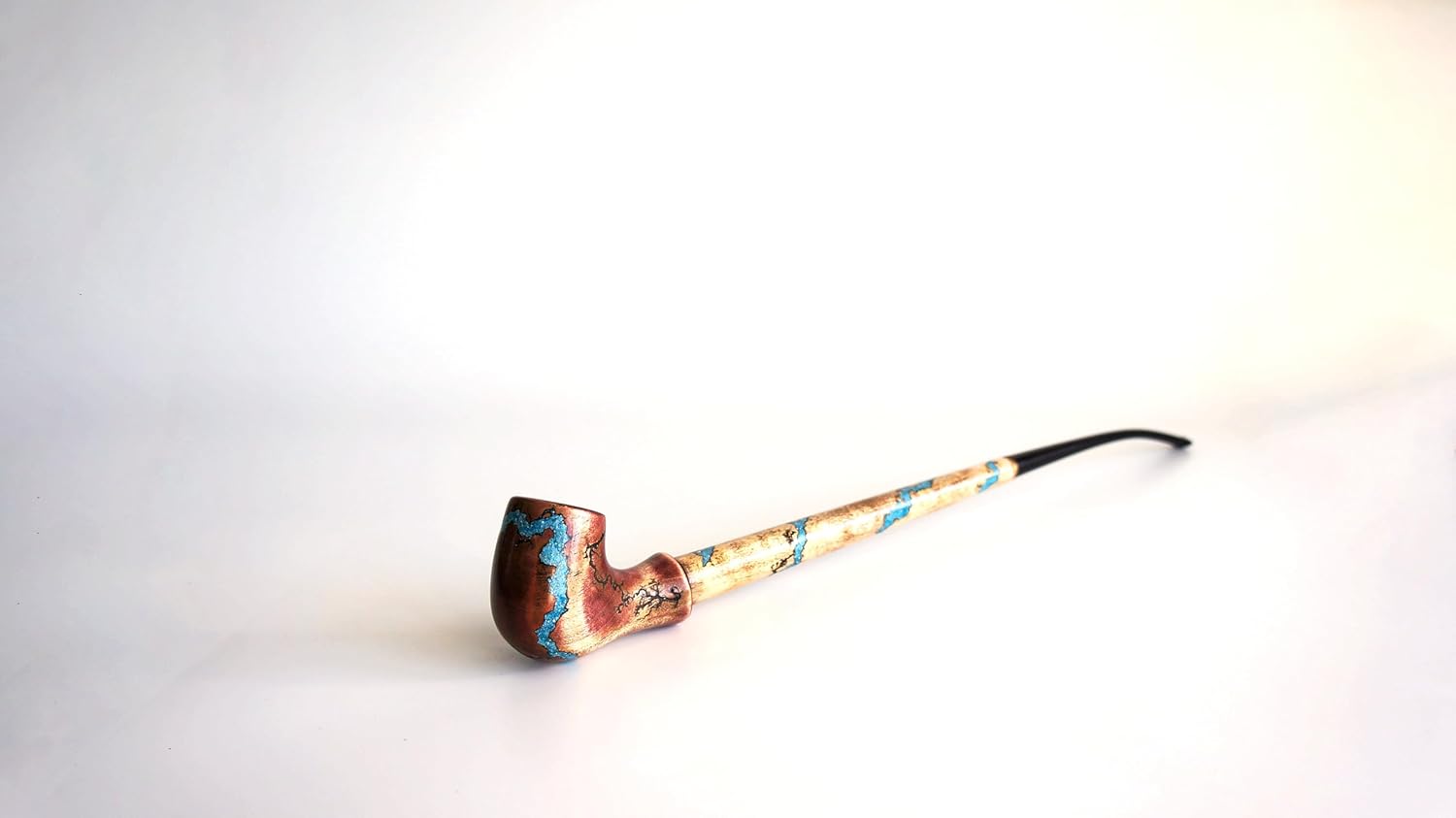 Handcrafted Wooden Tobacco Pipe with Turquoise Inlay, Long Stem, Churchwarden pipe