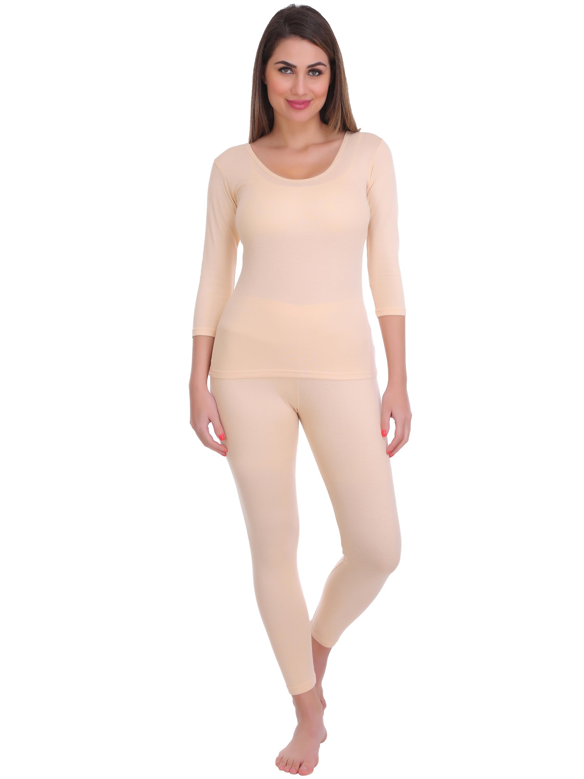 Women Solid Cotton Blend Round Neck Dark Grey Thermal Set