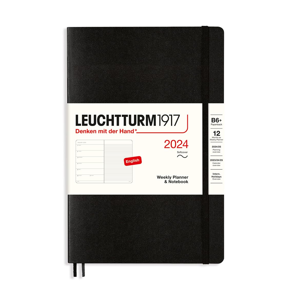 LEUCHTTURM1917 367820 Weekly Calendar & Notebook Softcover Paperback (B6+) 2024, 12 Months, Black, English