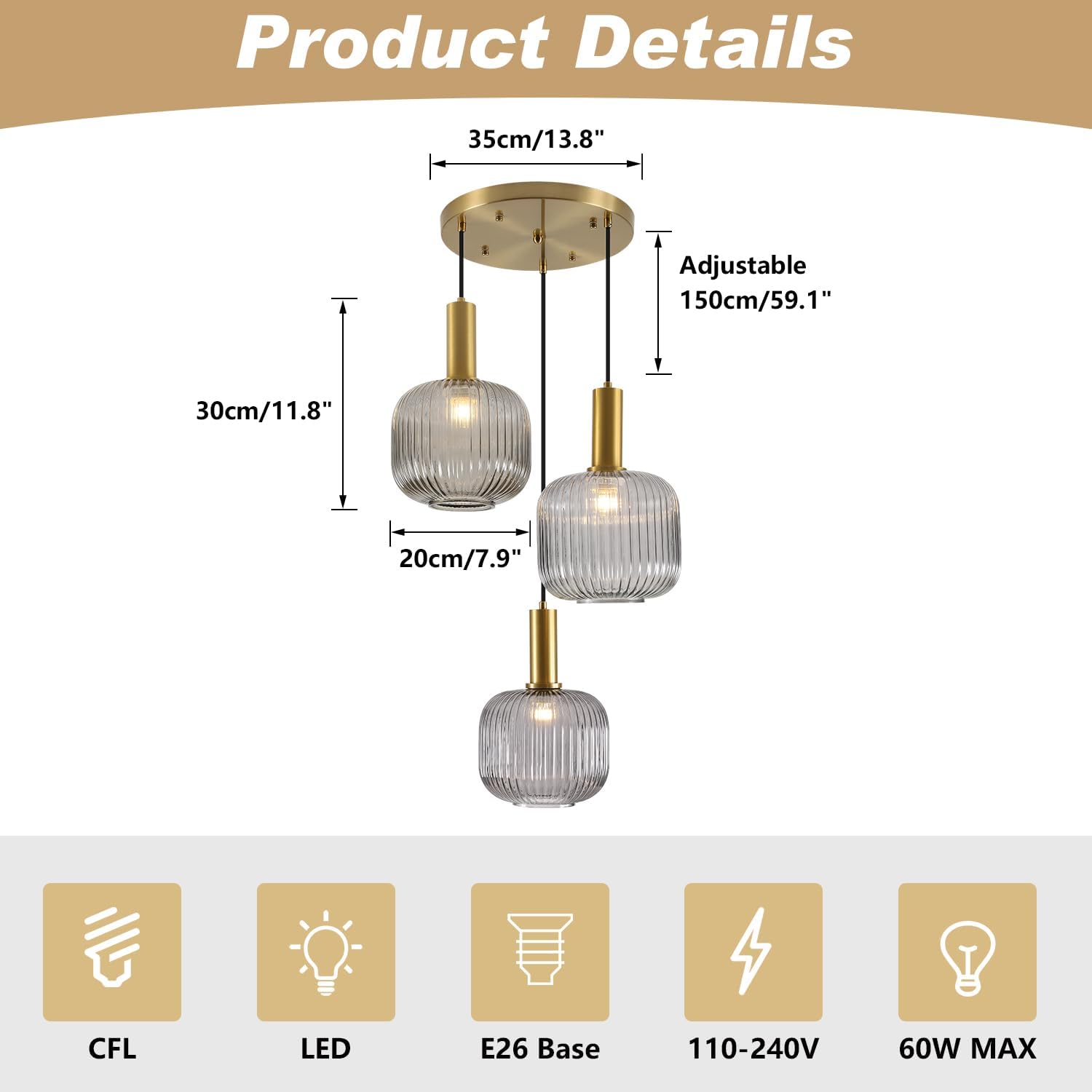 KCO Lighting Smoked Glass Chandelier 3 Lights Globe Cluster Chandelier Modern Striped Glass Pendant Lights Gold Cluster