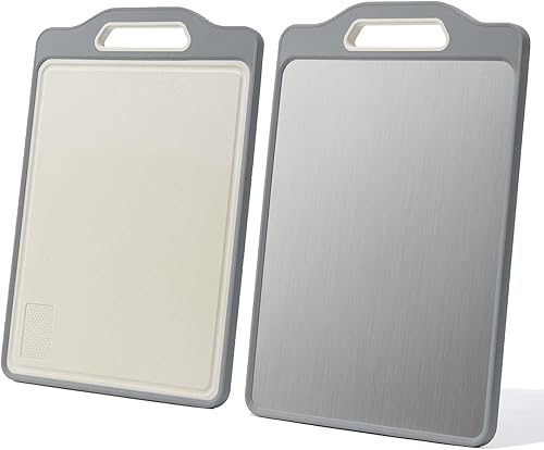Tablas de cortar de acero inoxidable para cocina, tabla de cortar de doble cara con mango, tabla de cortar inoxidable y tabla de cortar de paja de