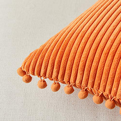Fancy Homi Pack Of 2 Corduroy Fall Decorative Throw Pillow Covers With Pom-Poms, Solid Square Cushion Case Pillow Cases Set For Couch Sofa Bedroom Car Living Room (18X18 Inch/45X45 Cm, Orange) #TOP3