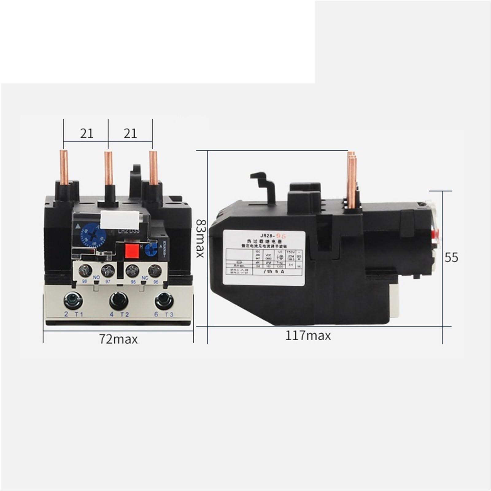 Relè di sovraccarico termico JR28-95 Relè termico regolabile LR2D33 Relè elettrico 23-32A 30-40A 37-50A 48-65A 55-70A 63-80A 80-93A 1 pezzi(80-93A)