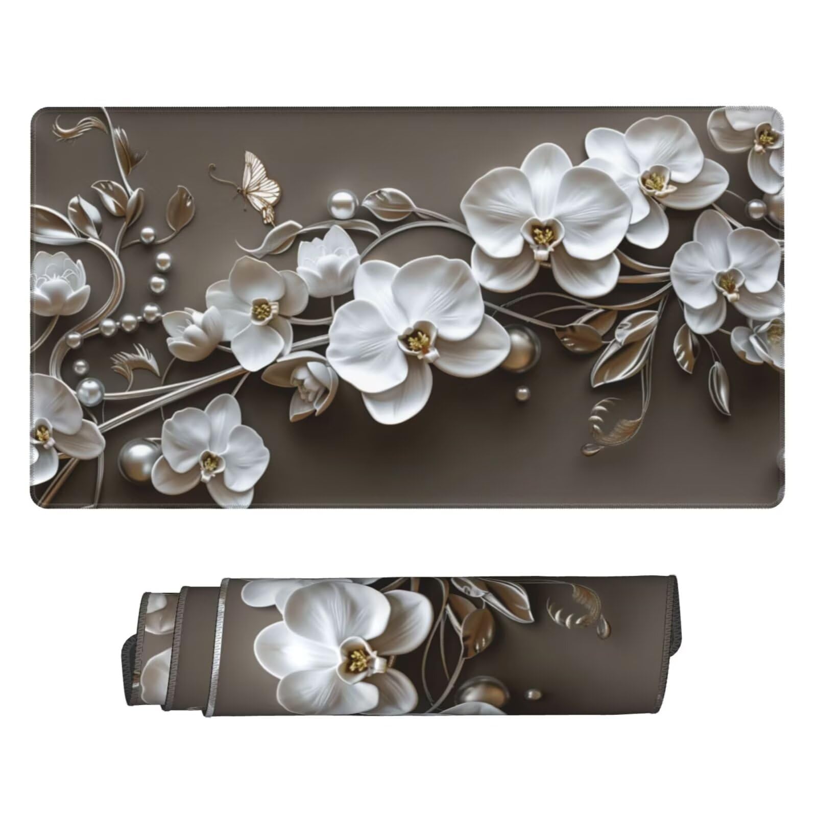 Alfombrilla de Ratón Gaming Grande XXL 1400x600x4mm con Bordes Cosidos, Tela de Micro Tejido, Base de Goma Antideslizante y Mouse Pad, para Teclado Escritorio, PC, Oficina Orquídea Blanca Marrón Y7016