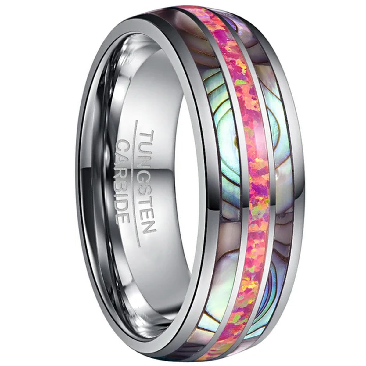 Anillo de carburo de tungsteno Cúpula de Acero de 8 mm con Incrustaciones de Dos Conchas de abulón + Anillo de ópalo Magenta Profundo Ajuste cómodo