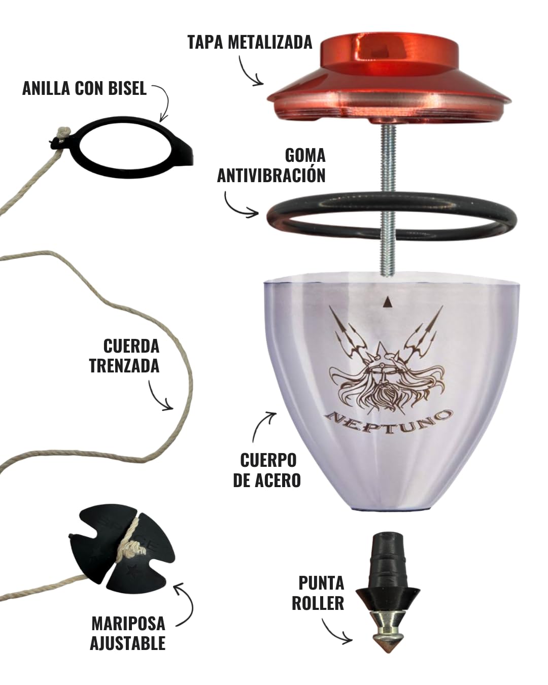 TROMPOS SPACE - Trompo Profesional Neptuno Roller de Acero Inoxidable, Peonza con Punta Roller de Doble Rodamiento, Regulador de Vibraciones, Diseño para Trucos Avanzados, Incluye Cuerda, Color Rojo