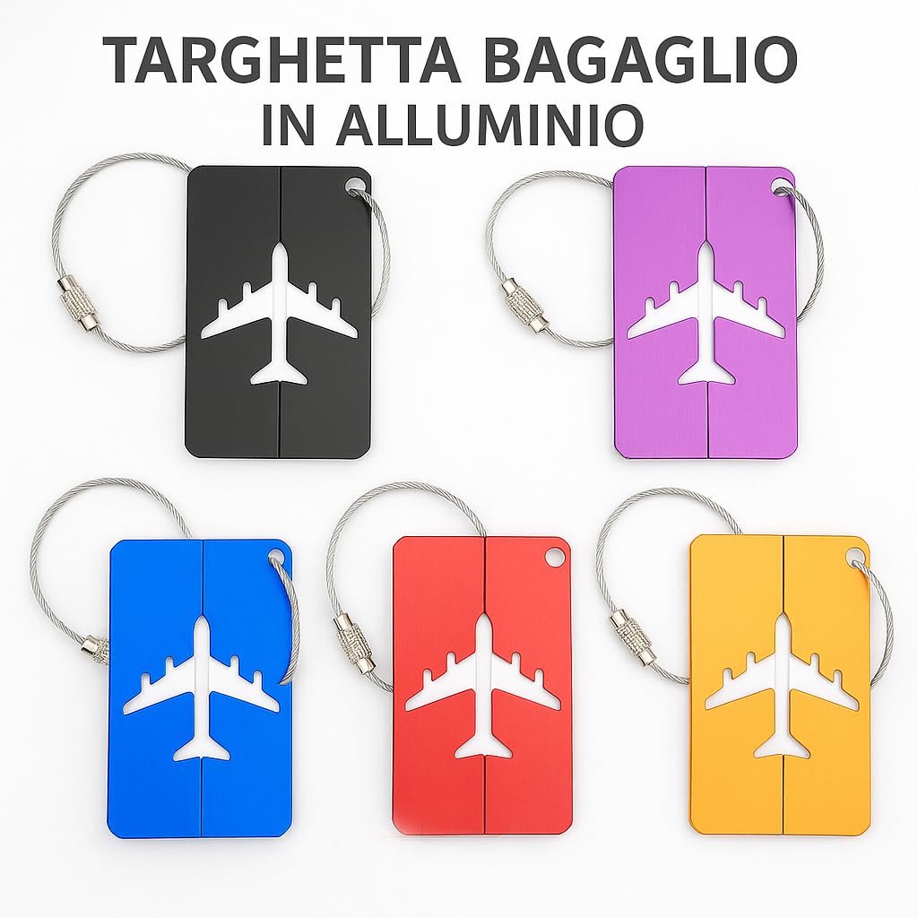 Airplane Shape Aluminum Luggage Tag with Steel Cable Durable Lightweight Colorful Travel Tag for Suitcase, Trolley and Backpack (Set of 5 Multicolor)