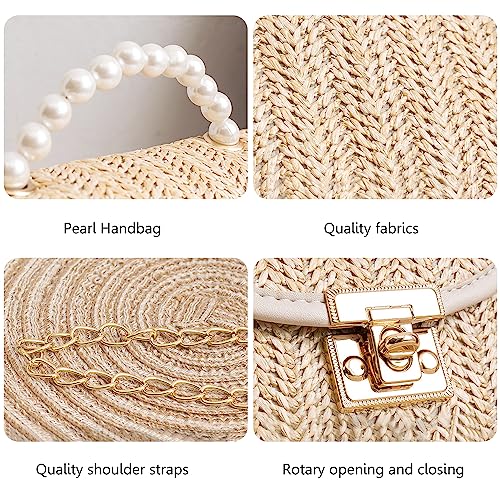 Mini Straw Bag for Girls, Summer Woven Crossbody Shoulder Bag for Women, Small Pearl Top Handle Handbag Flap Purse4