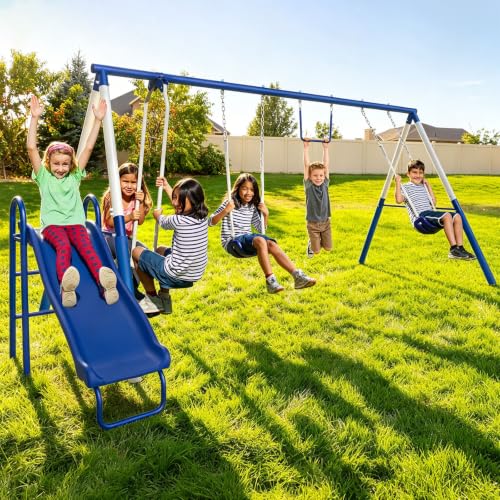 Sportspower Arcadia Metal Swing Set for Kids – Trapeze, 2-Person Glider, 5ft Slide, Anchor Kit,...