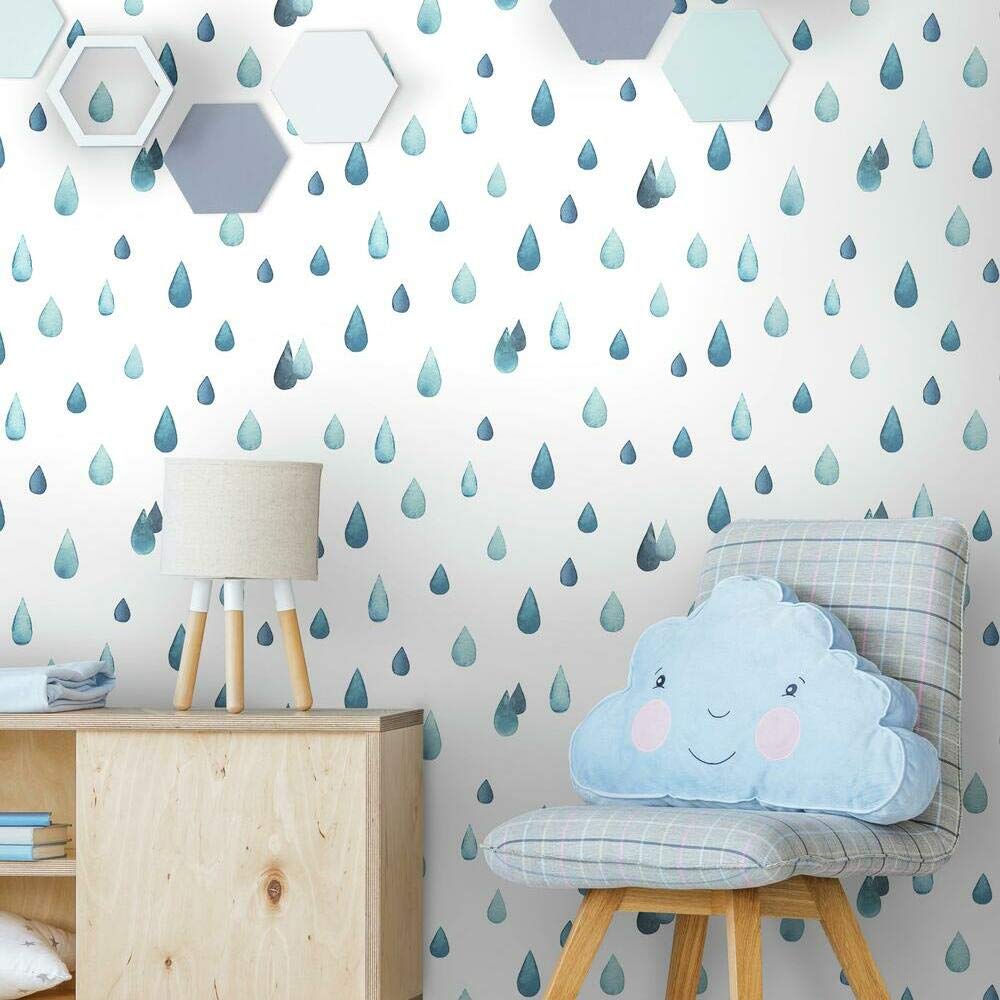 RoomMates RMK11468RL Clara Jean Raindrops Peel and Stick Wallpaper, Blue, White, 18 inch wide x 18.86 feet - Image 2