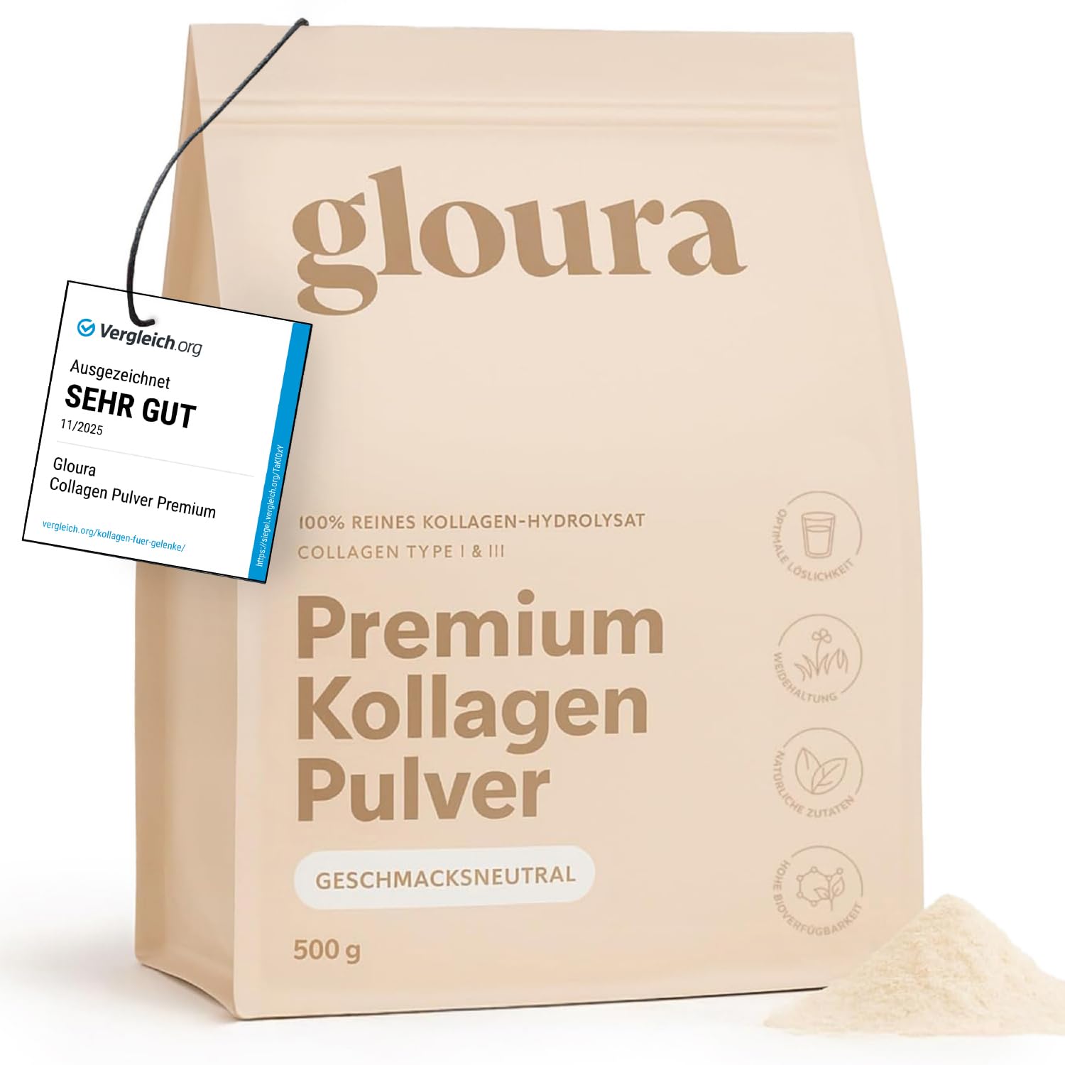Kollagen Pulver Premium bioaktiv 500g - 100% reines Collagen Hydrolysat, Collagen type 1 & 3, Gute Löslichkeit, ohne Zusätze, Ideal für schöne Haut & schönes Haar