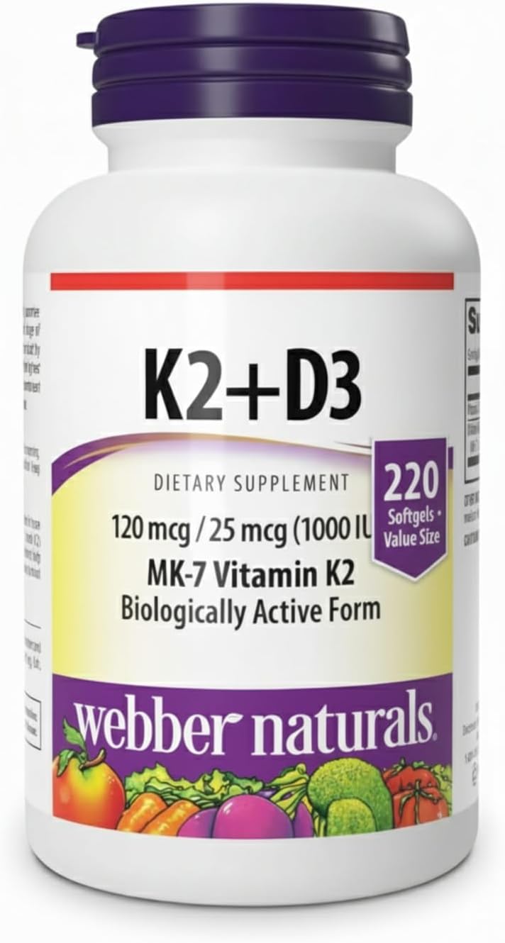 Webber Naturals K2 + D3 120 mcg/1000 IU, Supports Healthy Immune Function - 220 softgels