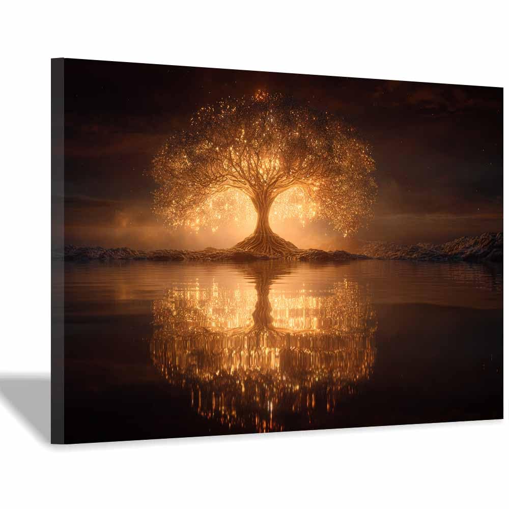 ZAMAEIU Tree of Life Painting Abstract Luminous trees reflect Panoramic Canvas Prints Pictures for Living Room Bedroom Home Office Wall Decoration(golden)-50x70cm Framed