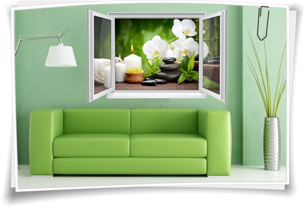 3D Fenster Wandbild Wandtattoo Aufkleber Sticker Zen Wellness SPA Orchideen Kerzen Wohnzimmer, 150x100cm