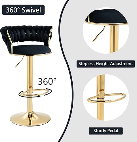 Miniatura 4 de Juego de 2 taburetes de bar giratorios de altura ajustable y 360, silla de recepción redonda moderna, silla de bar de terciopelo dorado, silla alta
