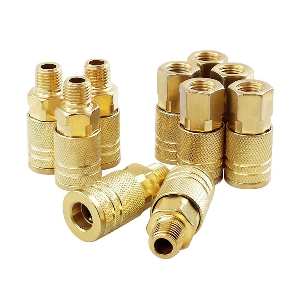 5pcs Female and 5pcs Male Air Couplers, 1/4-Inch NPT Thread Quick and Flow Body Size, Industrial M Style Air Coupler with Brass Finish for Quickly and Safely Disconnect Air Hose