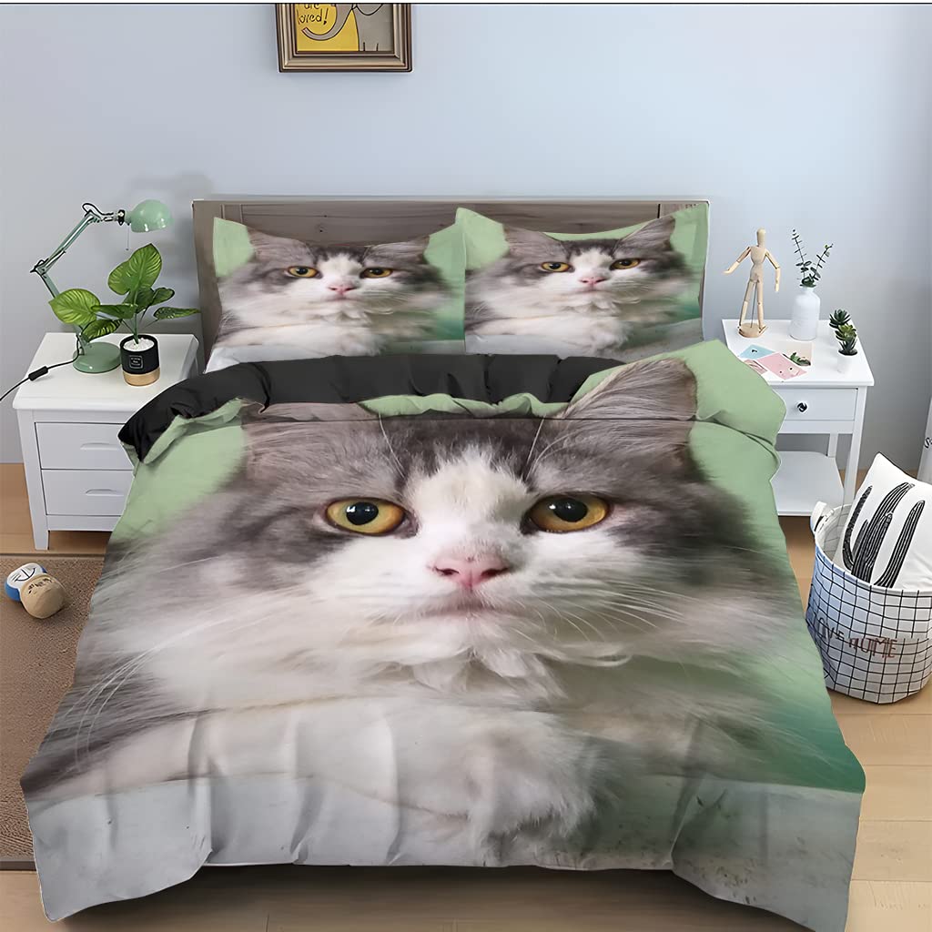 Housse de couette 140x200 chat cyan en microfibre douce avec deux taies d'oreiller