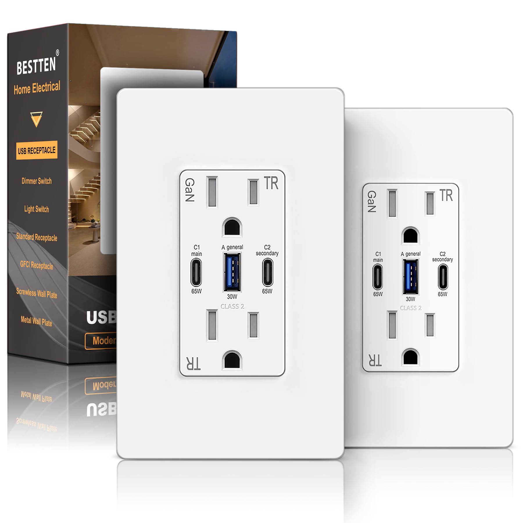 Photo 1 of BESTTEN 2PK 65W USB C Outlet, GaN 3-Port USB Outlet Receptacle for Laptop
