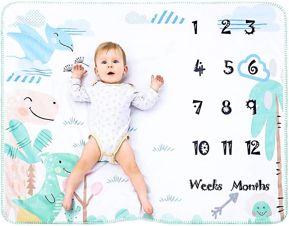 INNObeta Baby Monthly Milestone Blanket | Flannel Fleece Plush Newborn Infant Photo Blanket | for Pictures Photography for Newborn Boys & Girls New Mom Gifts Dinosaur(White, 39"x 47")