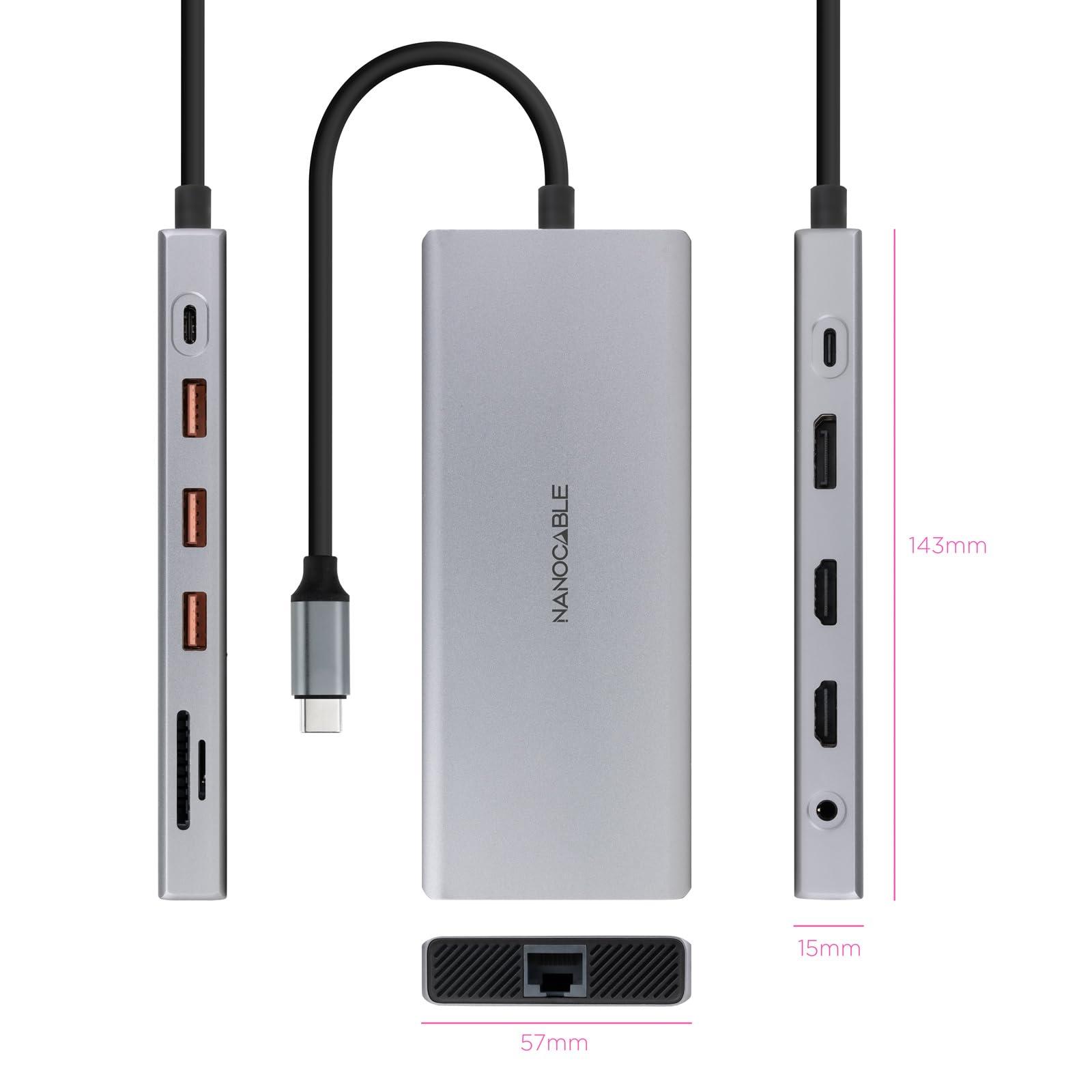 NANOCABLE 10.16.4612, koncentrator USB-C 12 w 1, konwerter USB-C 3.1 na 3 x USB-A 3.2 + USB-C 3.2 + USB-C PD + 2 x HDMI 4K @ 60 Hz + DP 4K przy 60 Hz + RJ45 1 Gb/s, TF, SD + Audio Jack 3.3.2 5