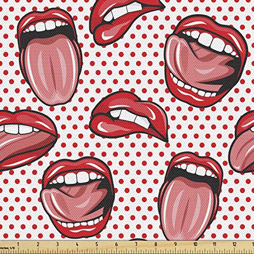 Lunarable Moderner Stoff von The Yard, Pop-Art-Stil Kiss Woman Lippen Mund auf Polka Dots Vintage Grafikdruck, dekorativer Stoff für Polster und Heimakzente, 91 cm, weiße Koralle Cover
