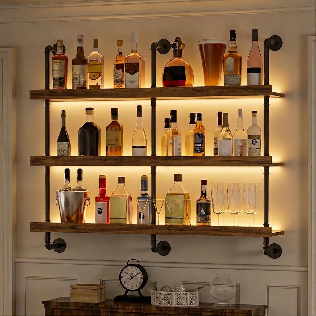 Wall Mounted Wine Rack with LED & 3-Tier Bar Shelf